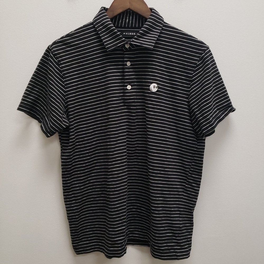 Malbon Mens Short Sleeve Polo Size M Striped Black White Jack Skellington Collar